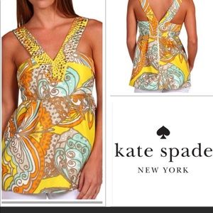 Kate Spade embellished silk top- abstract print with gold studs